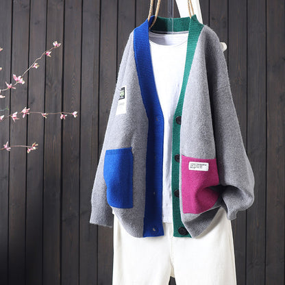 Damen Strickjacke Oversized Bunt mit Knöpfen