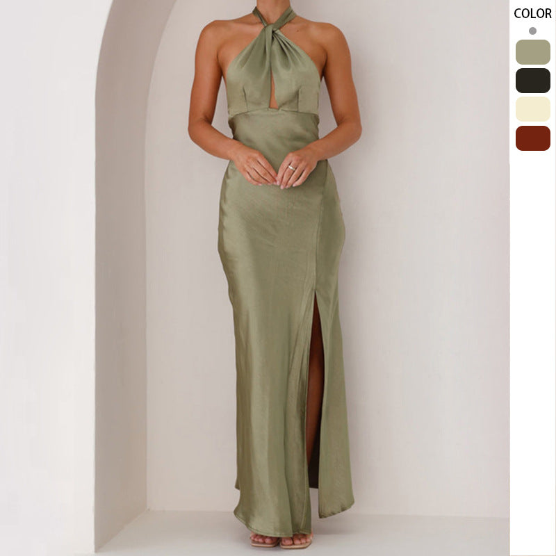 Damen Maxikleid Halterneck Schimmerstoff Seitenschlitz - Eveloria