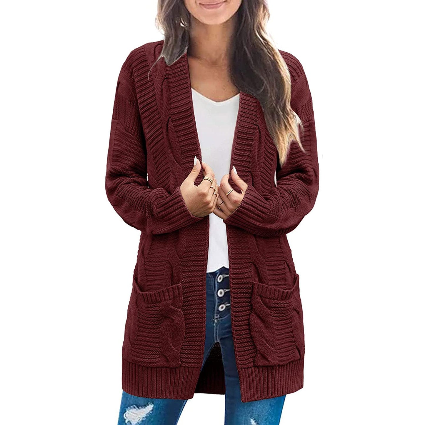 Damen Grobstrick Cardigan mit Taschen Strukturierter Look Beige