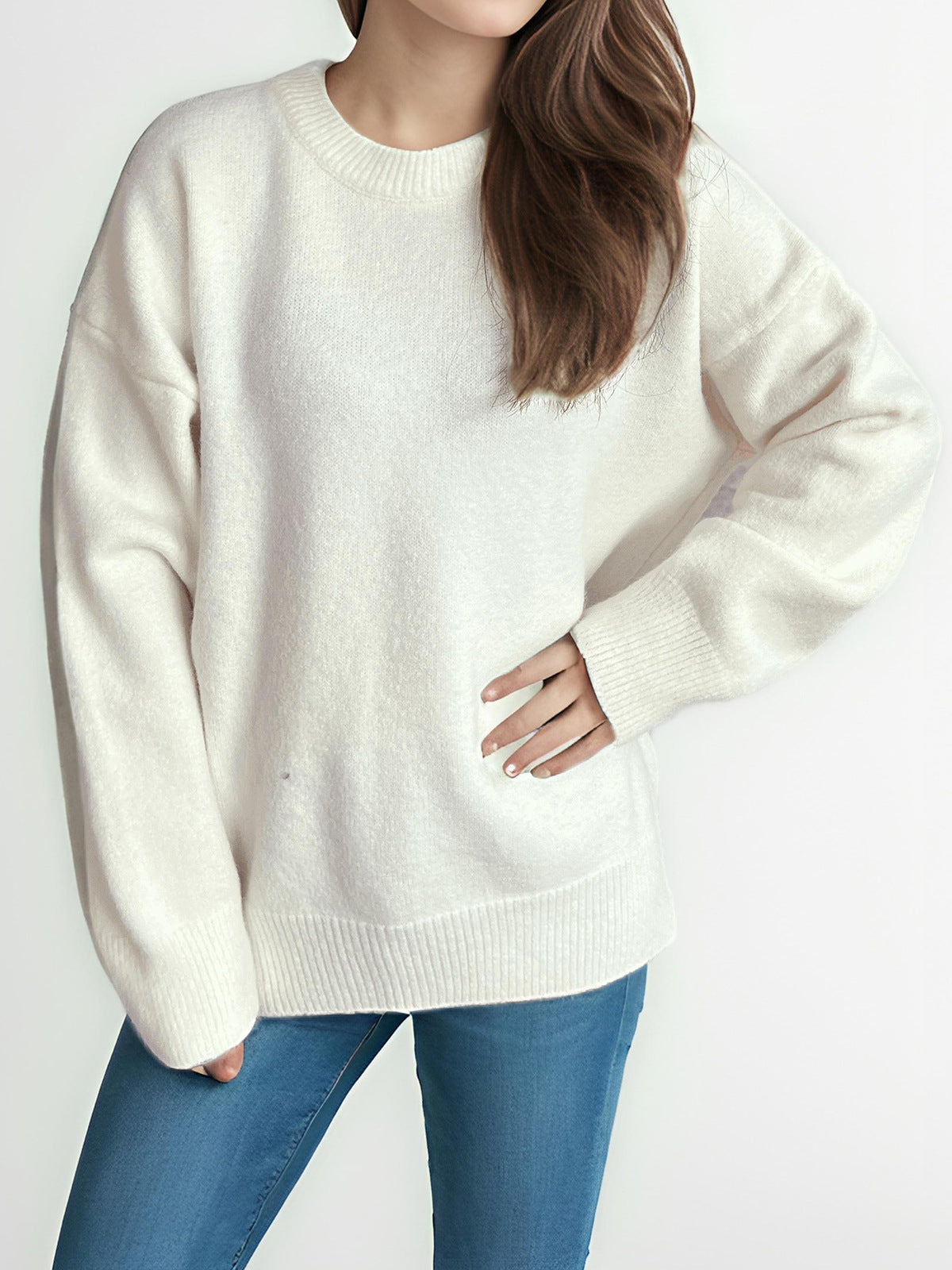 Damen Oversized Strickpullover Weicher Baumwollmix Lässig Beige