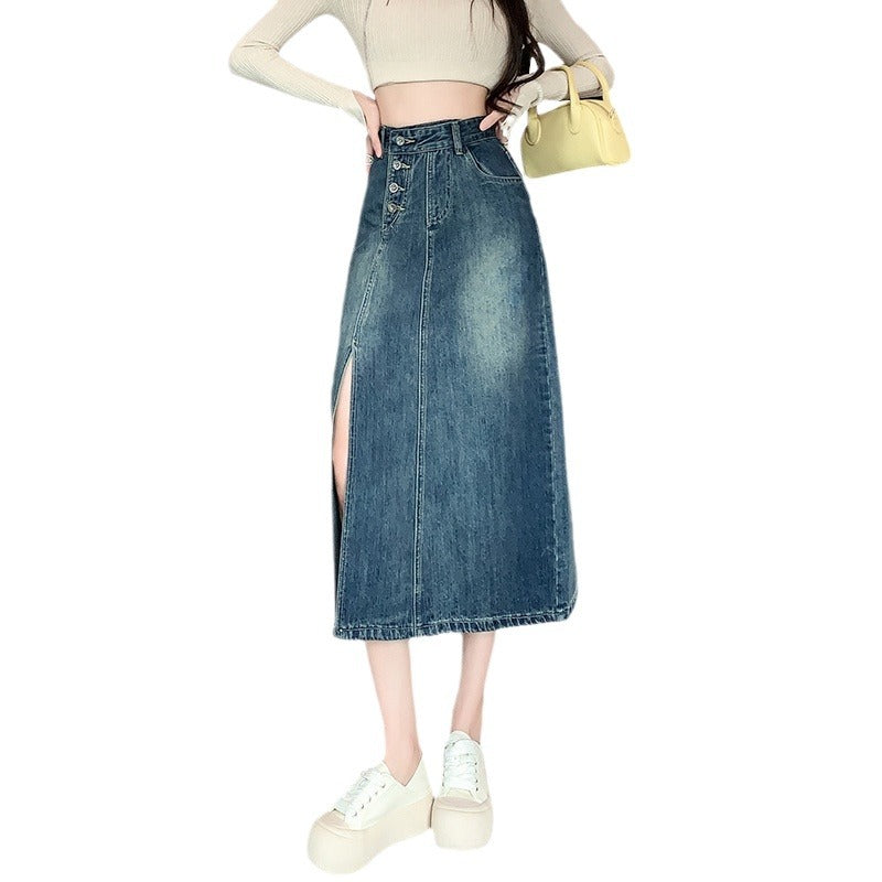 Damen Denim-Rock Lang Frontschlitz