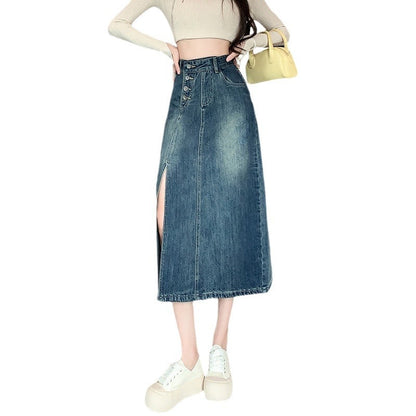 Damen Denim-Rock Lang Frontschlitz