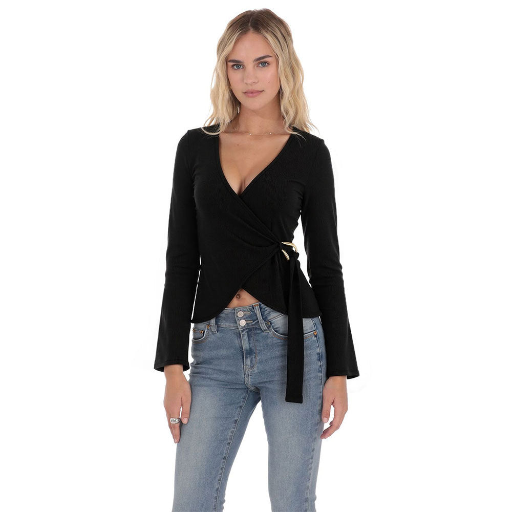 Damen Wickeloberteil Langarm Elegant Rüschen Eveloria