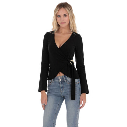Damen Wickeloberteil Langarm Elegant Rüschen Eveloria