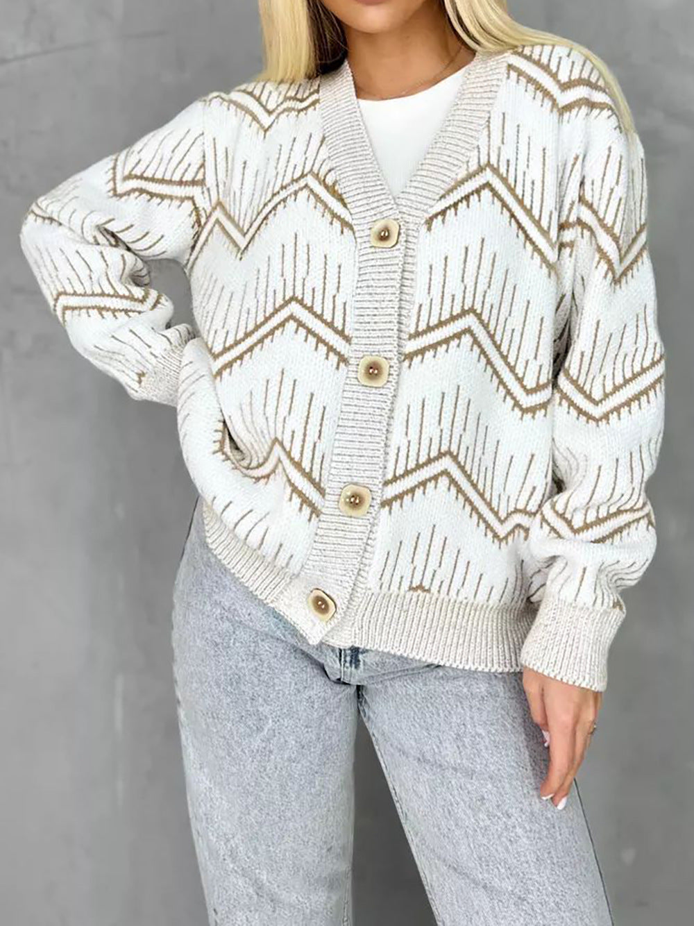 Damen Strickjacke Zigzag Muster Knöpfe Anthrazit