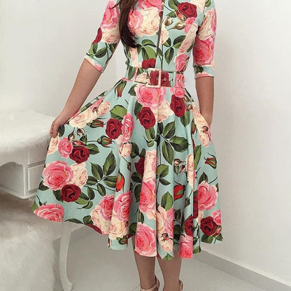 Damen Midikleid Floralmuster Taillengürtel Eveloria
