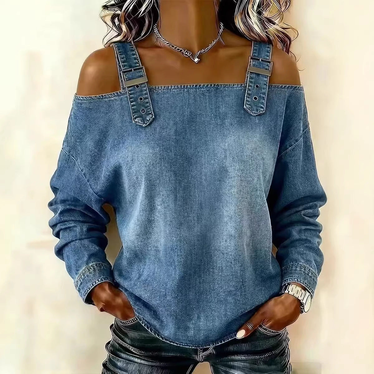 Damen Sweatshirt Lässig Dekorative Schulterdetails Grau Eveloria - Eveloria
