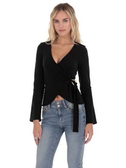 Damen Wickeloberteil Langarm Elegant Rüschen Eveloria
