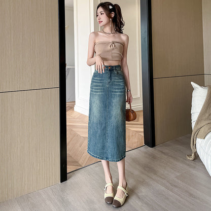 Damen Denimrock Lang Frontschlitz Blau Eveloria