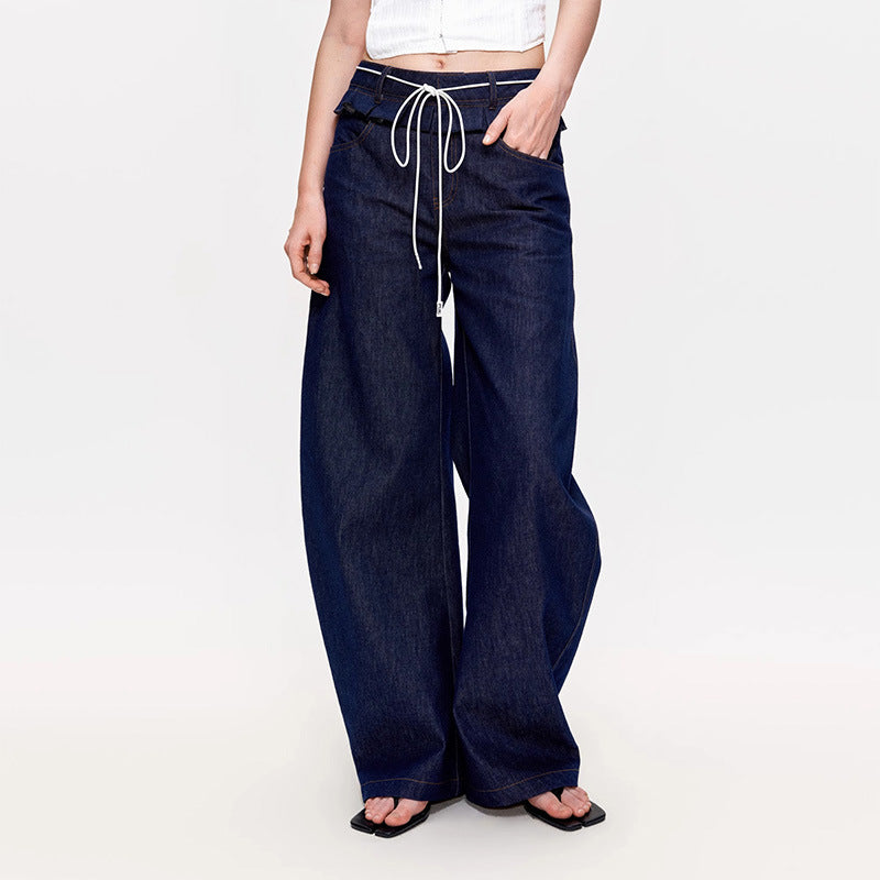 Damen Weite Denim-Hose Hochgeschnitten Mit Falten Blau Eveloria