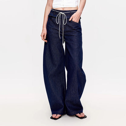 Damen Weite Denim-Hose Hochgeschnitten Mit Falten Blau Eveloria