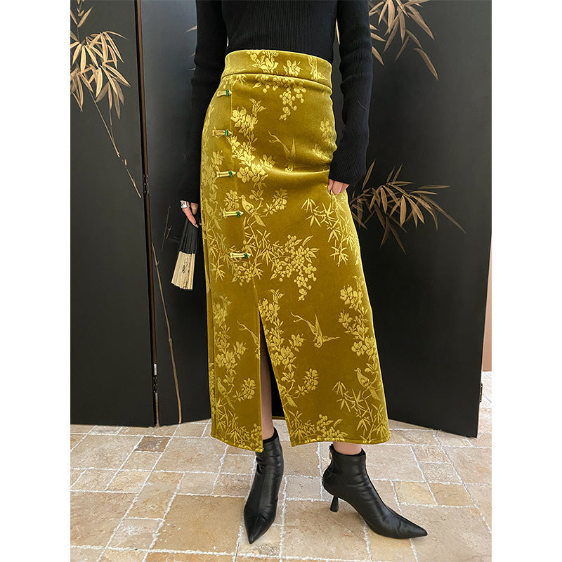 Damen Maxikleid Florales Samt-Design Elegantem Schlitz Schwarz - Eveloria