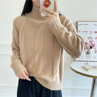 Damen Strickpullover Hochkragen Kabelmuster
