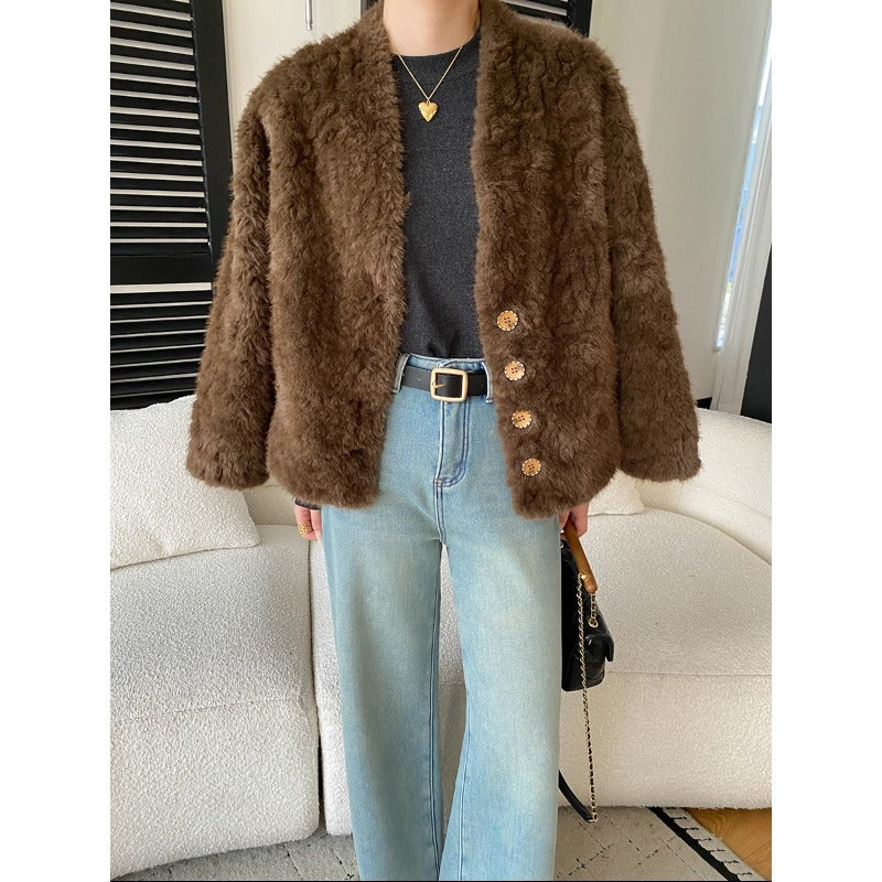 Damen Fleecejacke Knöpfe Gemütlich Beige Eveloria - Eveloria