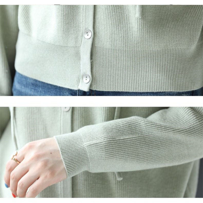 Damen Strickjacke mit Kapuze und Knöpfen Grau