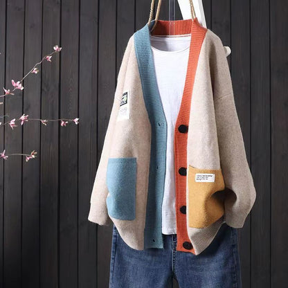Damen Strickjacke Oversized Bunt mit Knöpfen