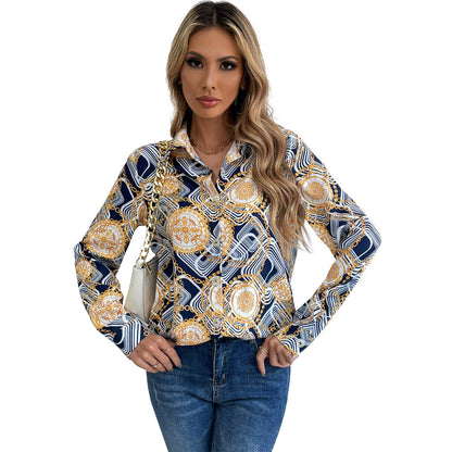 Damen Bluse Langarm Geblümt Knöpfer Kragen Eveloria