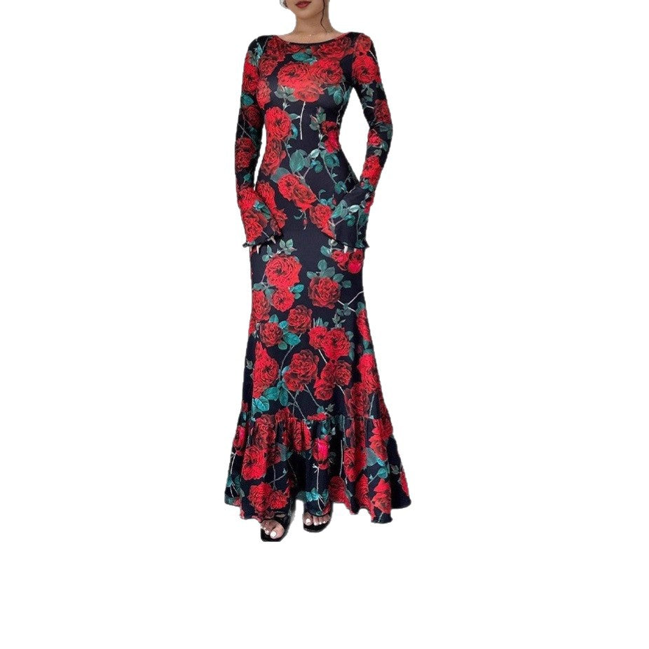 Damen Maxikleid mit Rüschendetails und langem Arm Floral Eveloria