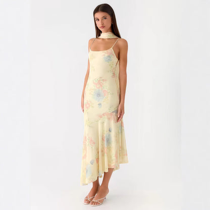Damen Maxikleid Blumiges Chiffon Neckholder Elegant Blau