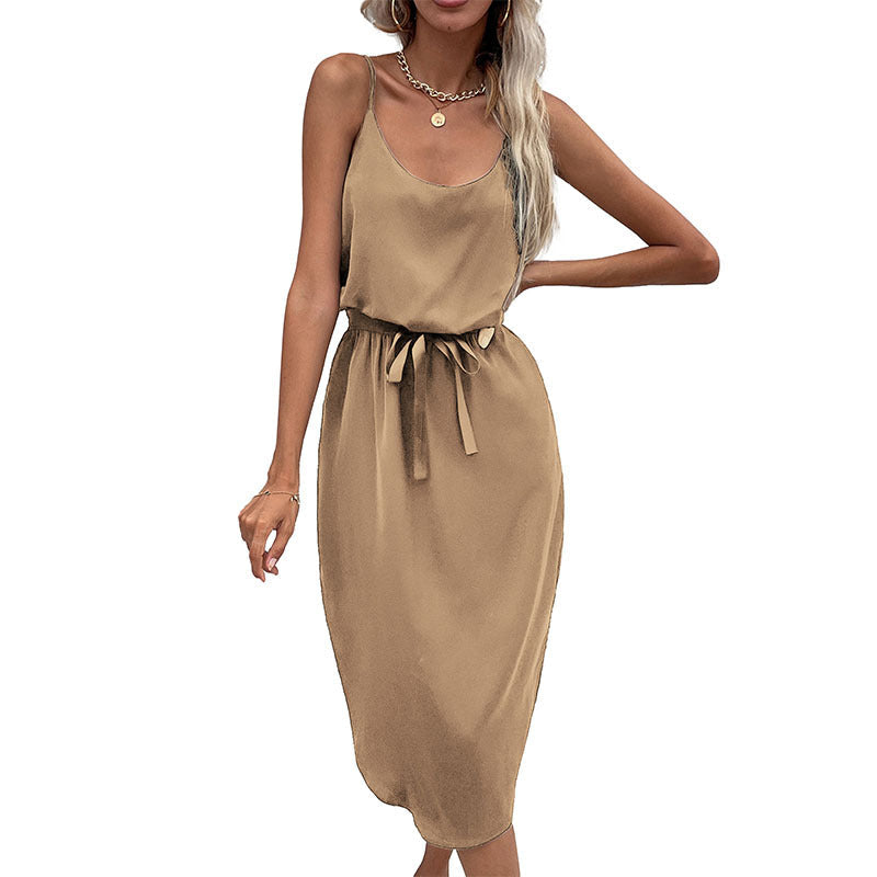 Damen Midikleid Taillenknoten Satinoptik Eveloria