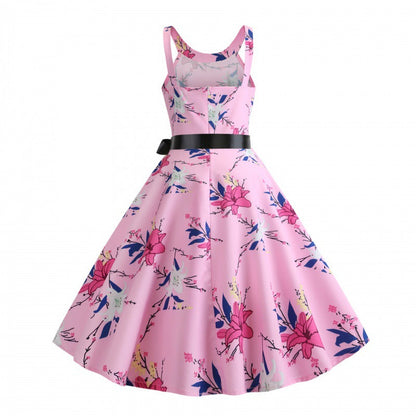 Damen A-Linien Kleid Floralmuster Taillengürtel Eveloria
