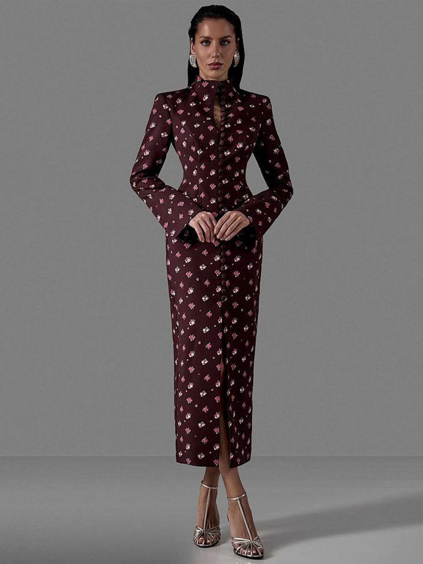 Damen Langarmkleid Florales Muster Hochgeschlossener Kragen