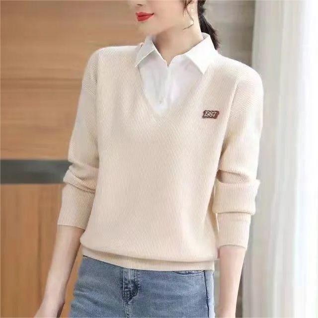 Damen Pullover V-Ausschnitt Hemdkragen Eveloria