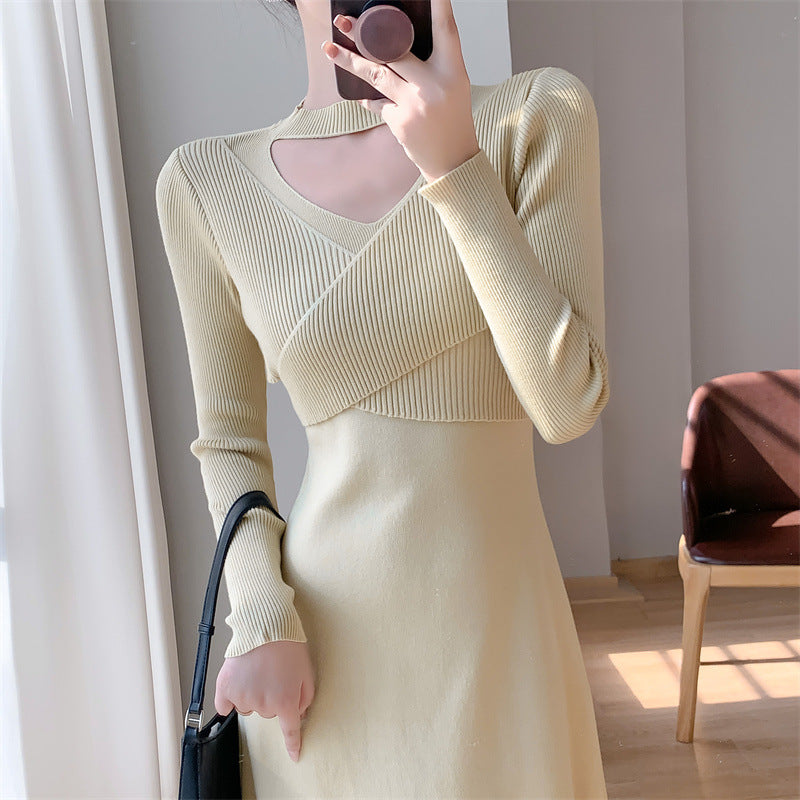 Damen Strickkleid Wickeldesign Cut-Out Elegant