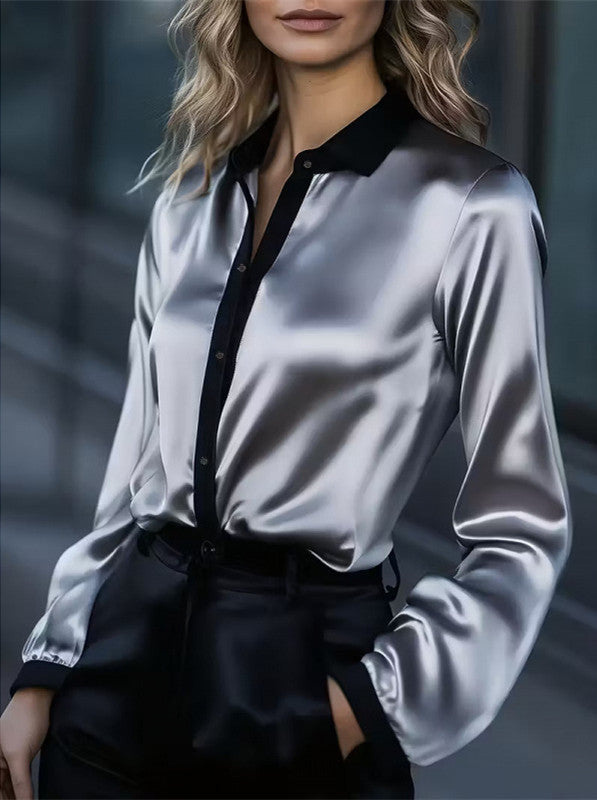 Eveloria Damen Satinbluse Kontrastkragen