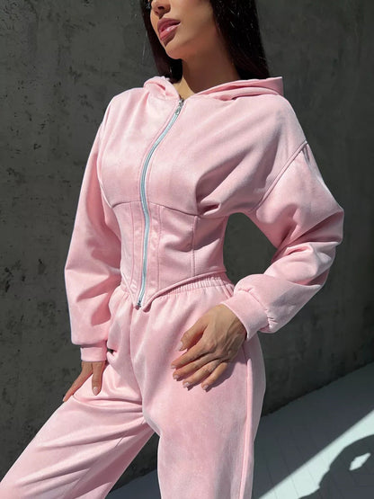 Damen Jumpsuit Tailliert Sportliche Kapuze Eveloria