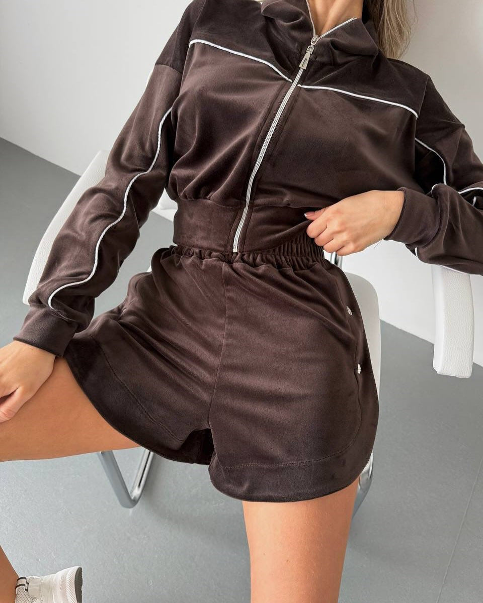 Damen Velours-Set Cropped mit Reißverschluss Elastisch