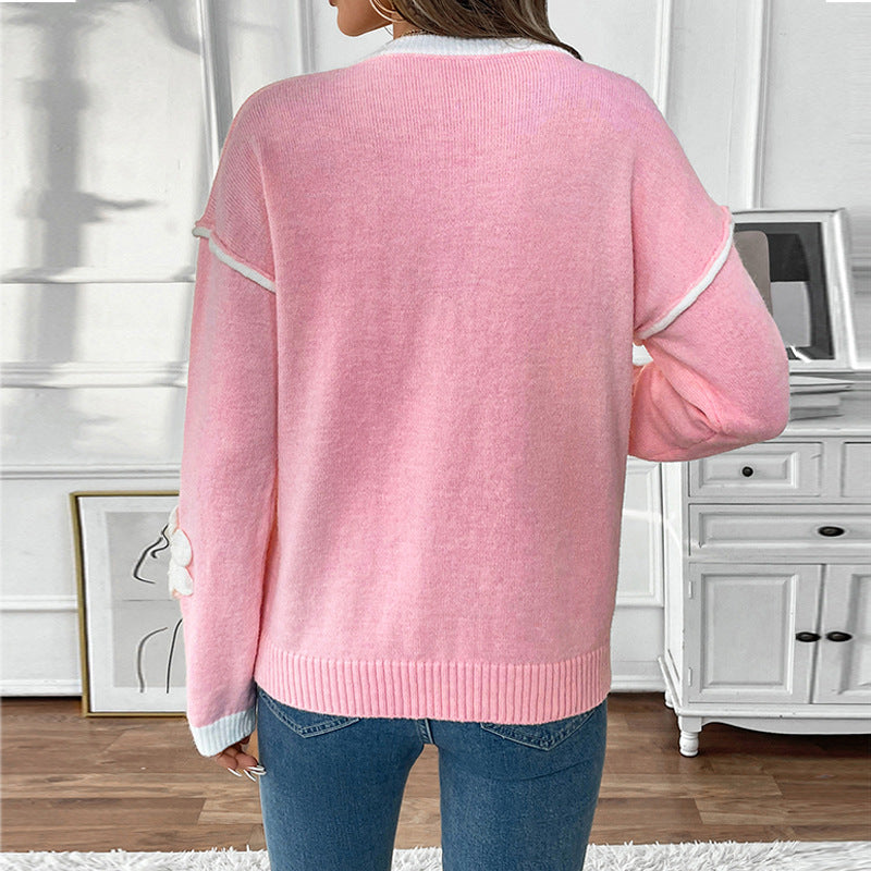 Damen Strickpullover V-Ausschnitt Blumenapplikationen Eveloria