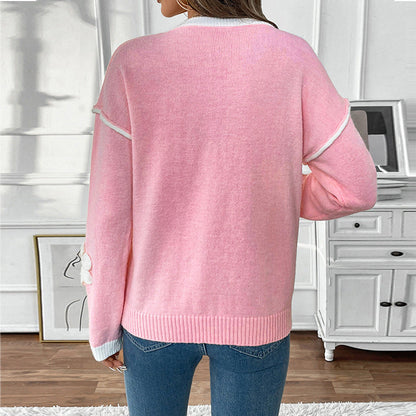 Damen Strickpullover V-Ausschnitt Blumenapplikationen Eveloria