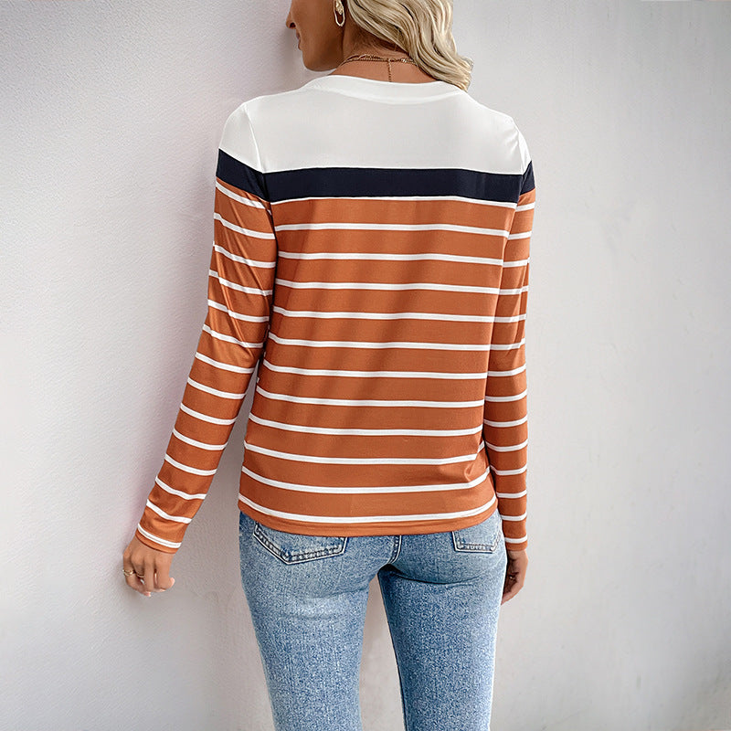 Damen Langarmshirt Kontraststreifen Baumwolle Lässig Weiß