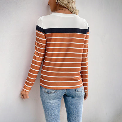 Damen Langarmshirt Kontraststreifen Baumwolle Lässig Weiß