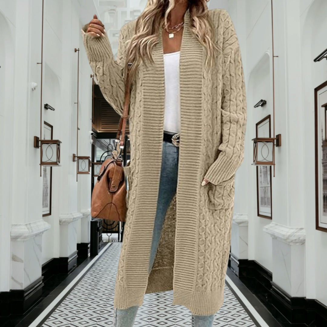 Damen Cardigan Grobstrick Offenes Design Mit Taschen Beige