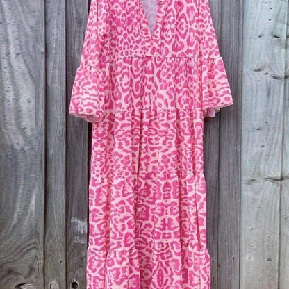 Damen Maxikleid Tiermuster Voluminöse Ärmel Eveloria