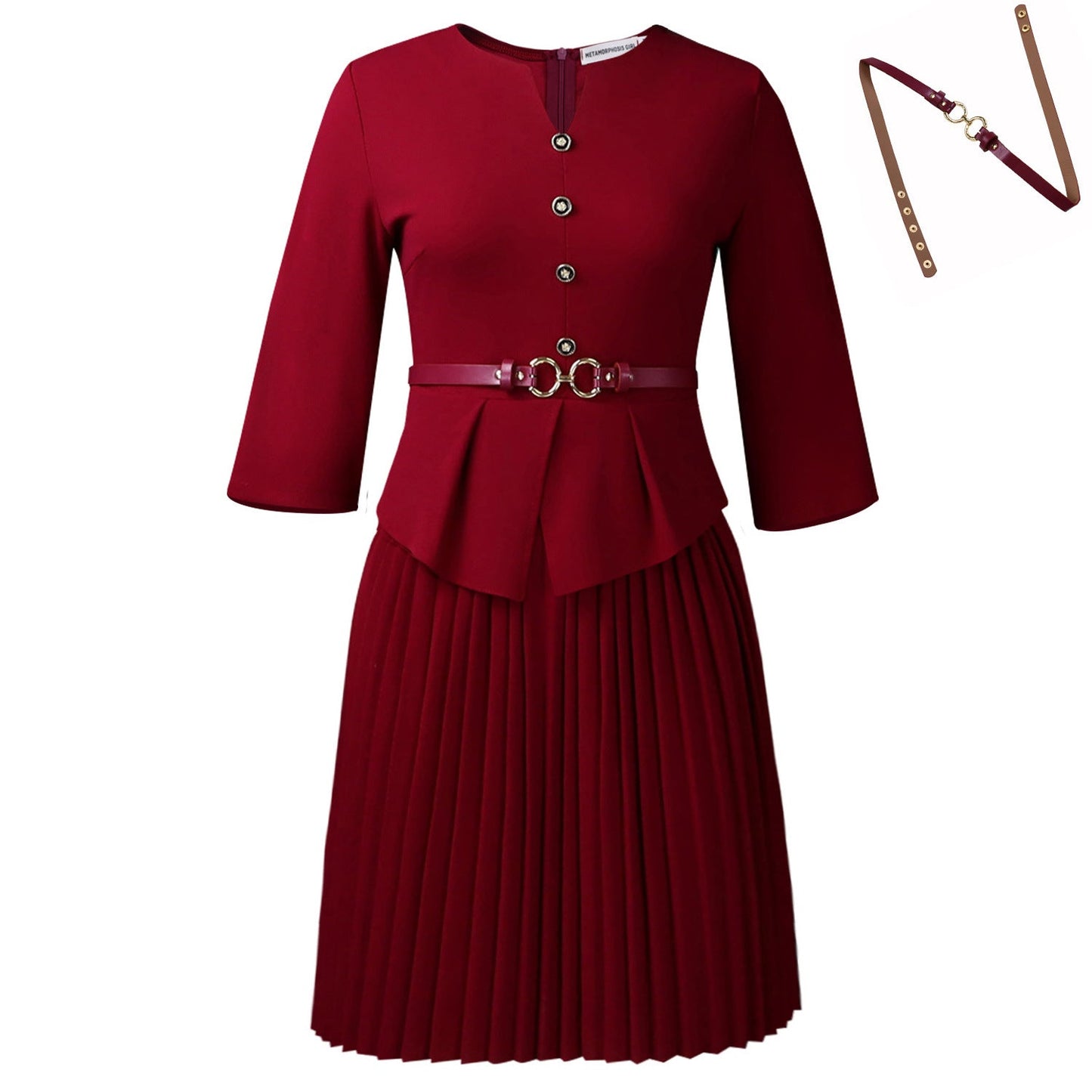 Damen Plissee-Kleid mit Taillenbluse und modischem Gürtel