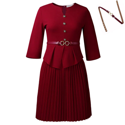 Damen Plissee-Kleid mit Taillenbluse und modischem Gürtel