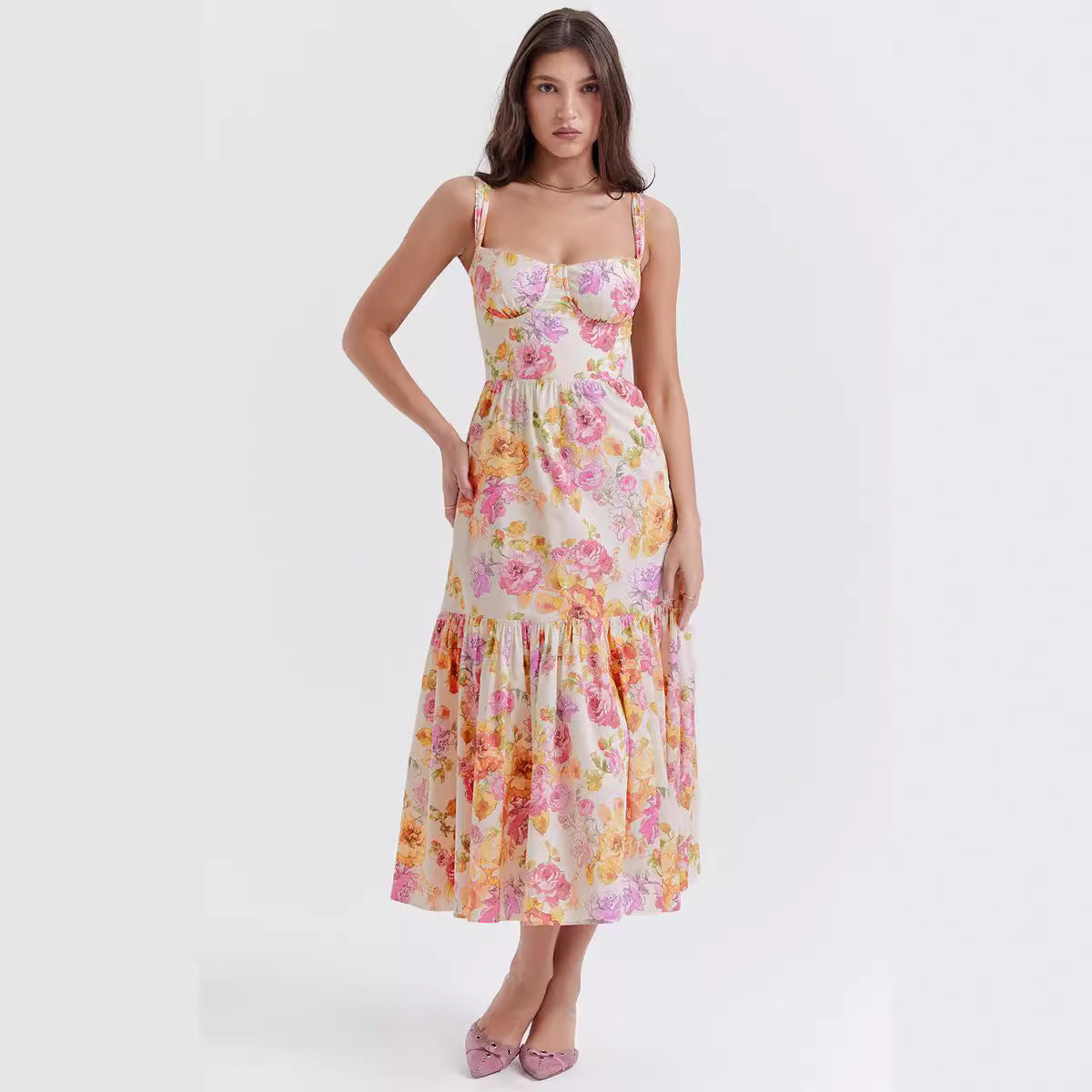 Damen Maxikleid Floral Muster Tailliert Schwarz - Eveloria