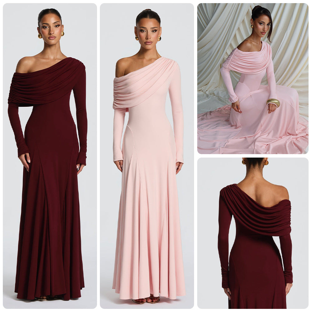 Damen Langarm-Maxikleid Asymmetrisch Drapierung Elegante Abendkleid - Eveloria