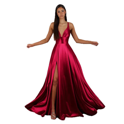 Damen Abendkleid V-Ausschnitt Hochschlitz Rock Eveloria