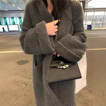 Damen Cardigan Grobstrick Offene Taschen Lässig Beige