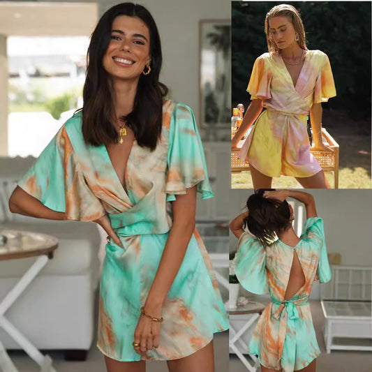 Damen Wickeljumpsuit V-Ausschnitt Voluminöse Ärmel Eveloria - Eveloria