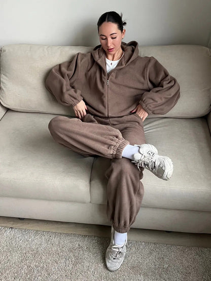 Damen Fleece-Anzug mit Taschen und Kapuze