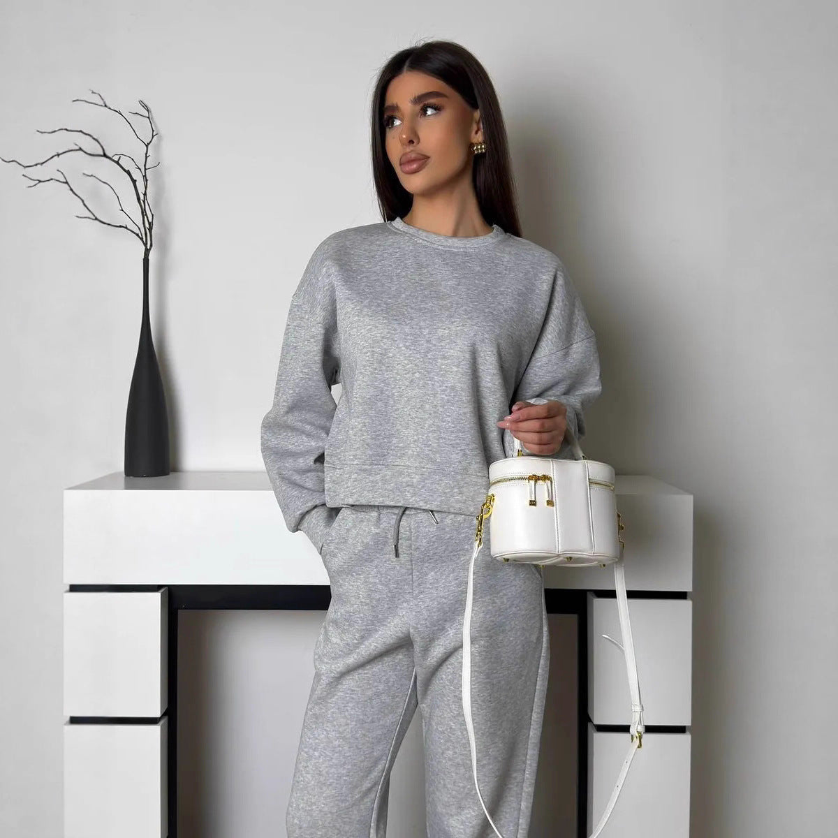 Damen Sweatset Komfort Lässig Hoch Bündchen Grau Eveloria