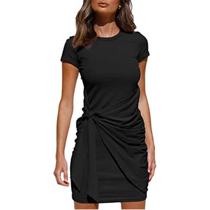 Damen Wickelkleid Kurzarm Raffung Knoten Detail Eveloria