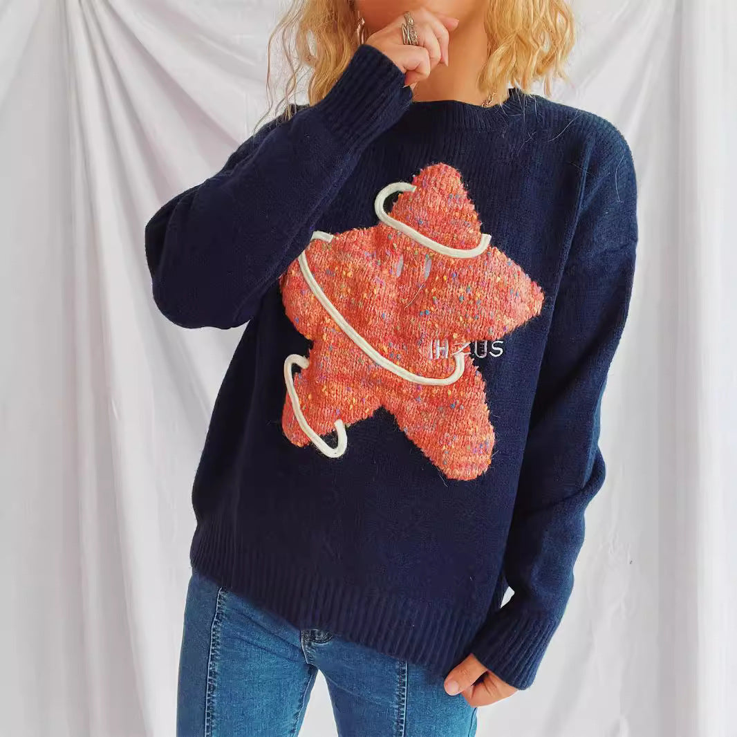 Damen Strickpullover Glitzerndes Sternenmotiv Locker