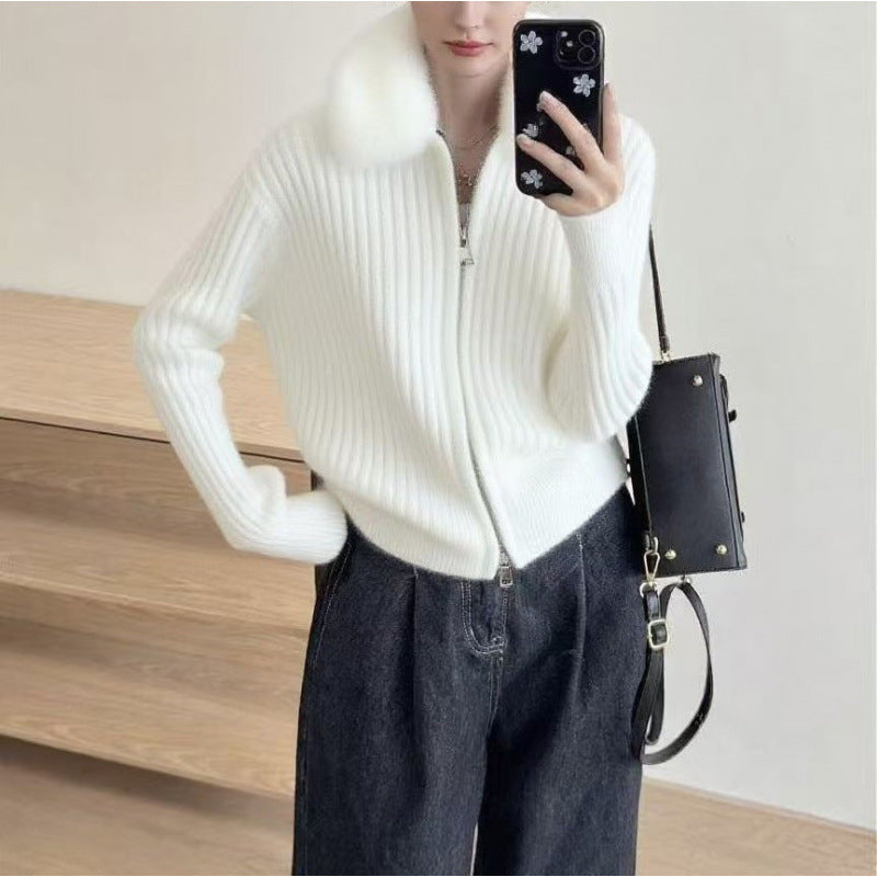 Damen Strickjacke Kunstfellkragen Rippstruktur