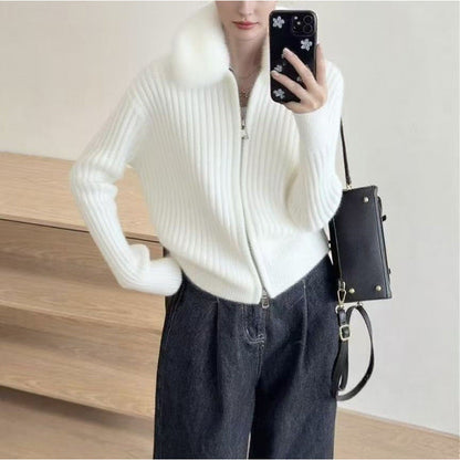Damen Strickjacke Kunstfellkragen Rippstruktur